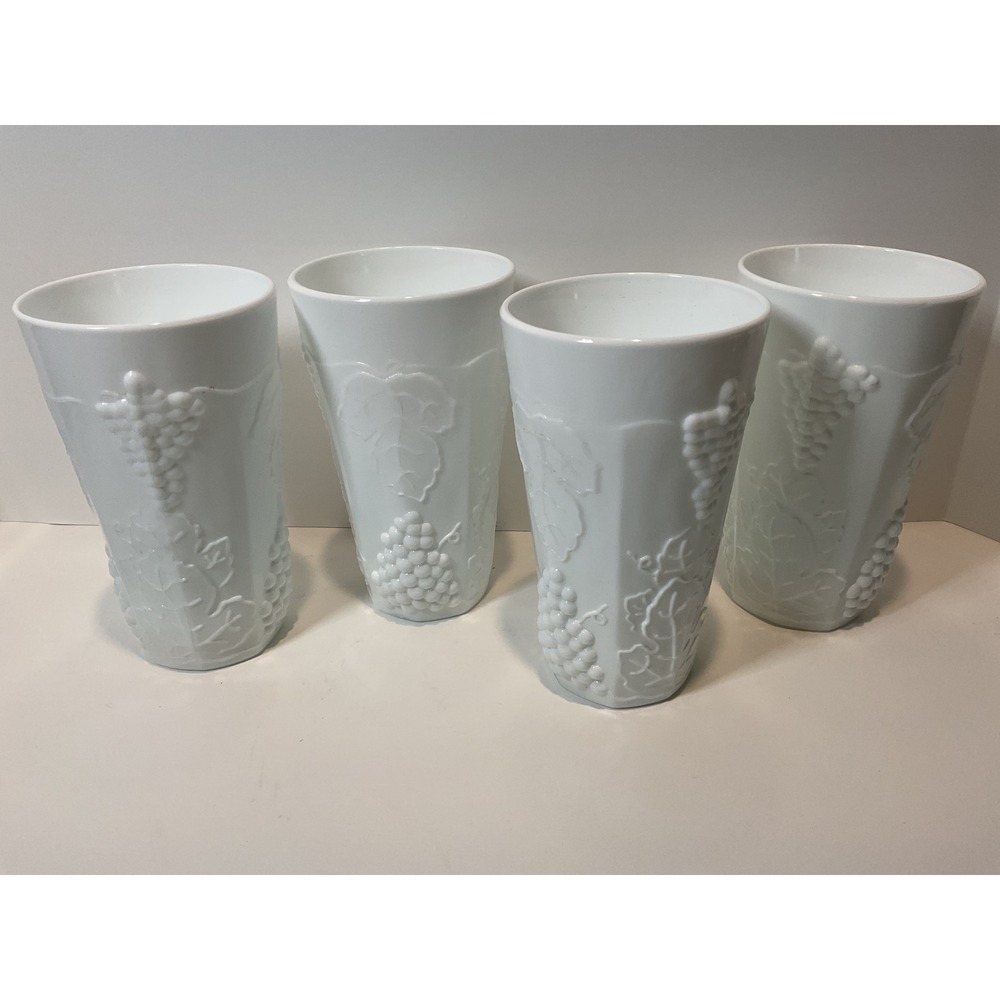 Set of 4 White Embossed Milk Glass Grape Leaf Tumblers Drinkware Glasses
